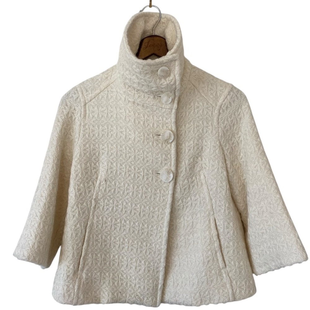 Wool Cropped Ivory White Cream Jacket Collared Jacky O 3/4 sleeves lined